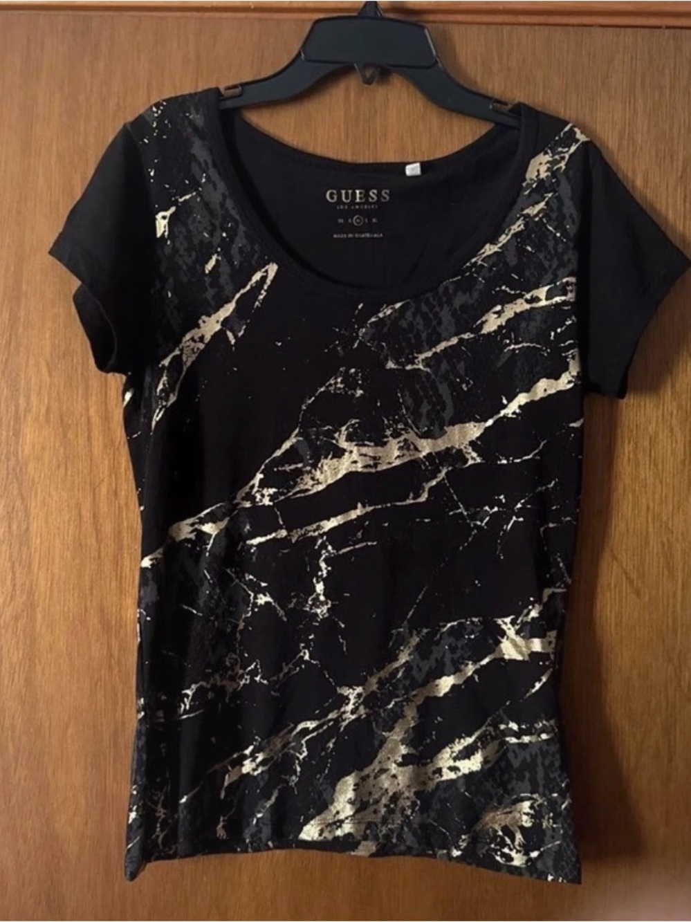 GUESS Black Tee with Metallic Gold Marble Print